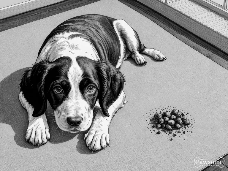 A grayscale illustration of a guilty-looking English Springer Spaniel puppy beside a potty accident on a rug in a living room.
