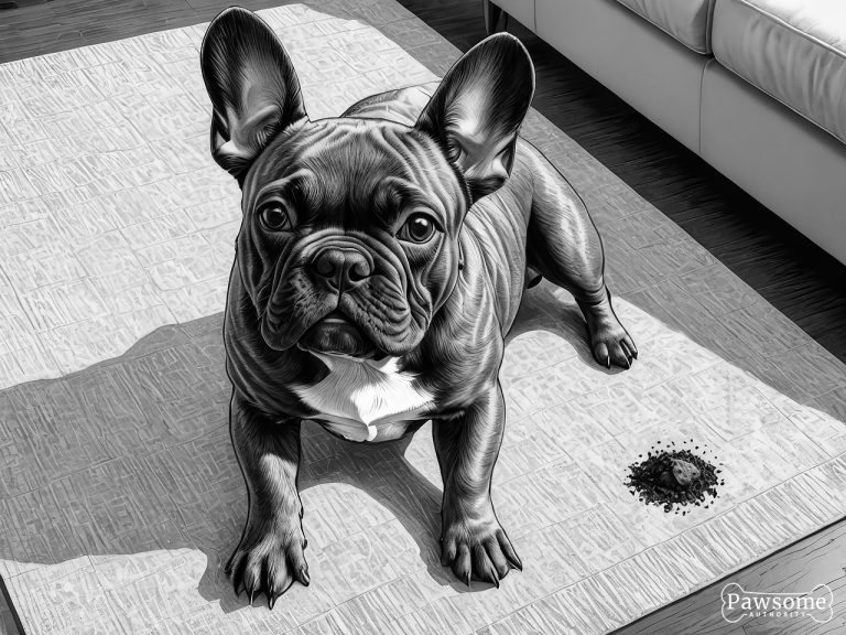A grayscale illustration of a guilty-looking French Bulldog puppy beside a potty accident on a rug in a living room.