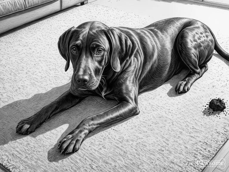 A grayscale illustration of a guilty-looking German Shorthaired Pointer puppy beside a potty accident on a rug in a living room.