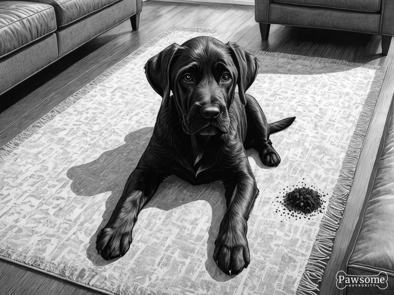 A grayscale illustration of a guilty-looking Giant Schnauzer puppy beside a potty accident on a rug in a living room.