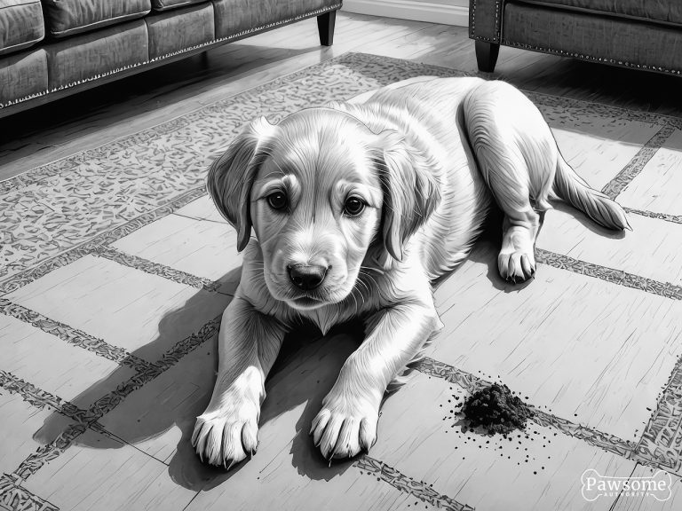 A grayscale illustration of a guilty-looking Golden Retriever puppy beside a potty accident on a rug in a living room.