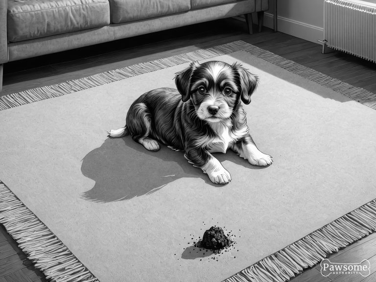 A grayscale illustration of a guilty-looking Havanese puppy beside a potty accident on a rug in a living room.