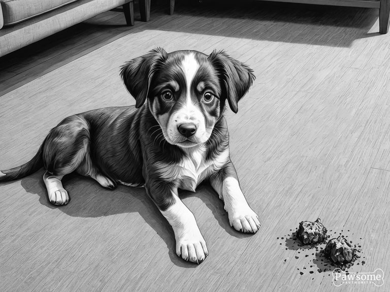 A grayscale illustration of a guilty-looking Miniature American Shepherd puppy beside a potty accident on a rug in a living room.