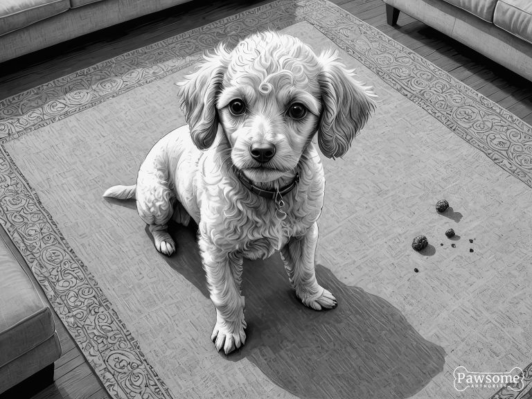 A grayscale illustration of a guilty-looking Miniature Poodle puppy beside a potty accident on a rug in a living room.