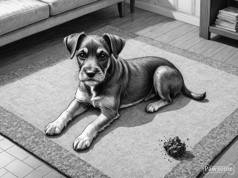 A grayscale illustration of a guilty-looking Miniature Schnauzer puppy beside a potty accident on a rug in a living room.