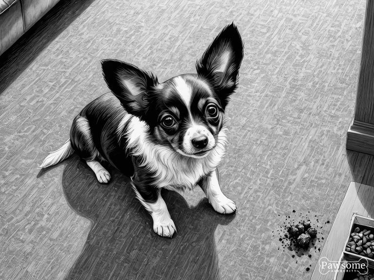 A grayscale illustration of a guilty-looking Papillon puppy beside a potty accident on a rug in a living room.