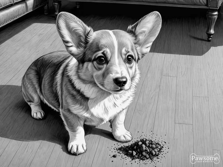 A grayscale illustration of a guilty-looking Pembroke Welsh Corgi puppy beside a potty accident on a rug in a living room.