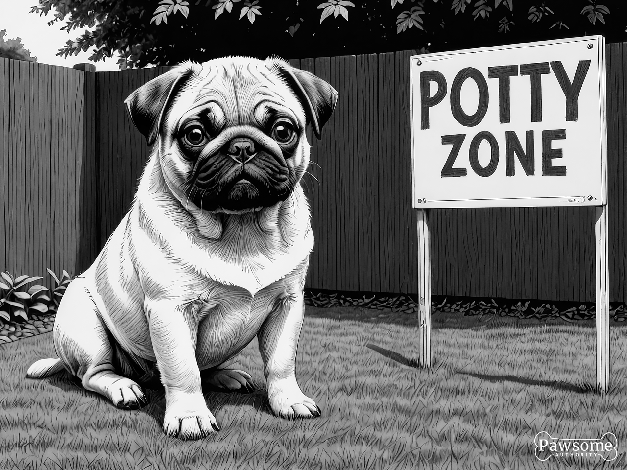 A grayscale illustration of a guilty-looking Pug puppy beside a potty accident on a rug in a living room.