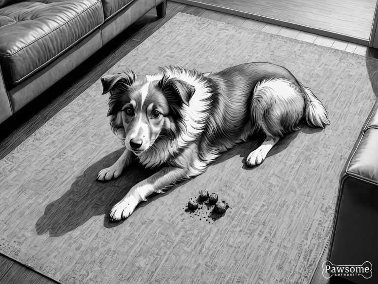 A grayscale illustration of a guilty-looking Shetland Sheepdog puppy beside a potty accident on a rug in a living room.