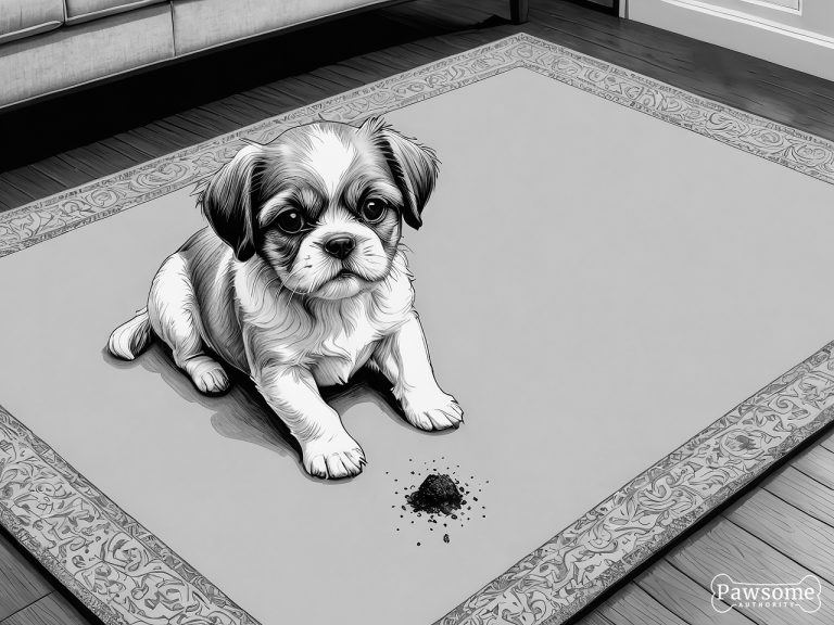 A grayscale illustration of a guilty-looking Shih Tzu puppy beside a potty accident on a rug in a living room.