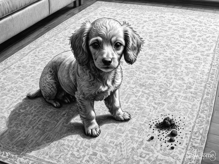 A grayscale illustration of a guilty-looking Toy Poodle puppy beside a potty accident on a rug in a living room.