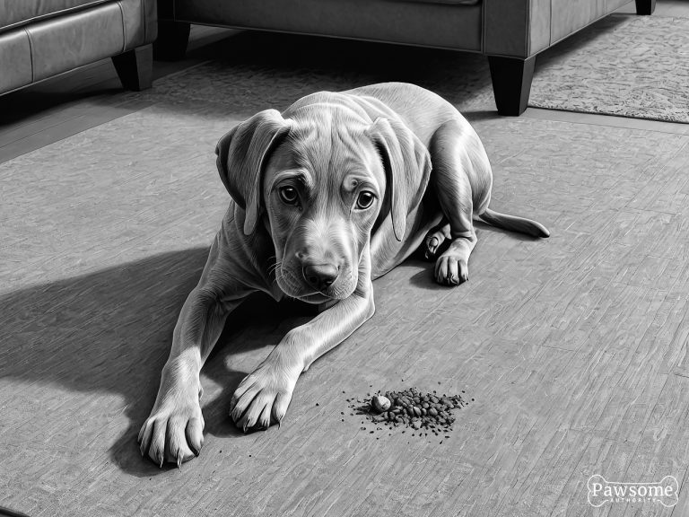 A grayscale illustration of a guilty-looking Weimaraner puppy beside a potty accident on a rug in a living room.