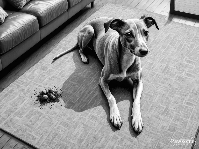 A grayscale illustration of a guilty-looking Whippet puppy beside a potty accident on a rug in a living room.