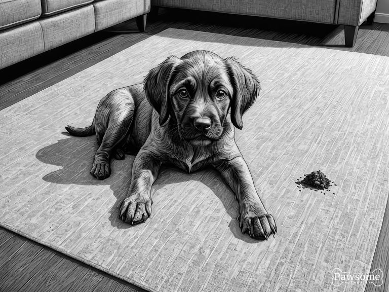A grayscale illustration of a guilty-looking Wirehaired Pointing Griffon puppy beside a potty accident on a rug in a living room.