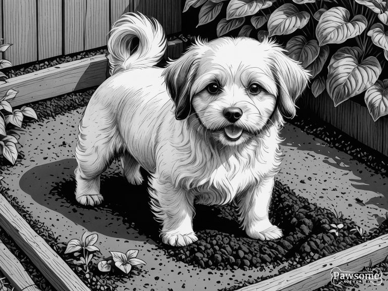 A grayscale illustration of a Havanese digging a hole in a garden on a bright and sunny day.