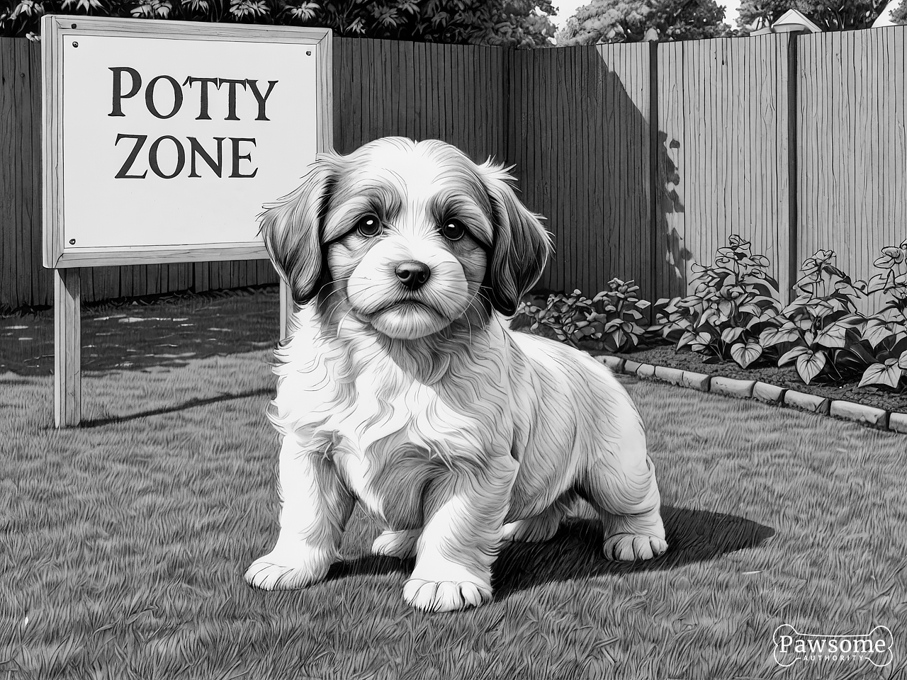 A grayscale illustration of a Havanese puppy sitting in a designated potty area in a yard with a sign that reads “Potty Zone”.