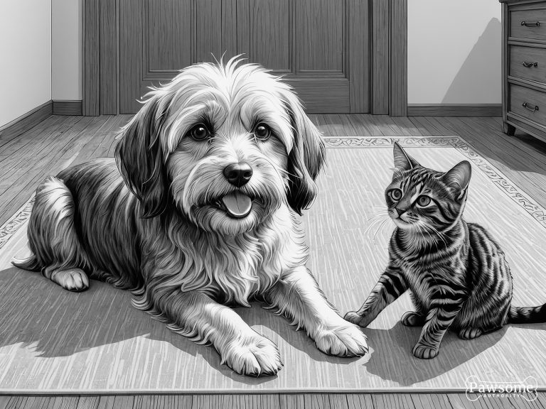 A grayscale illustration of a Havanese socializing with a cat on a rug in a living room.