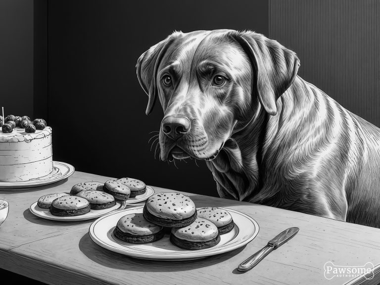 A grayscale illustration of a Labrador Retriever demonstrating focus and impulse control in the presence of delectable sweets.