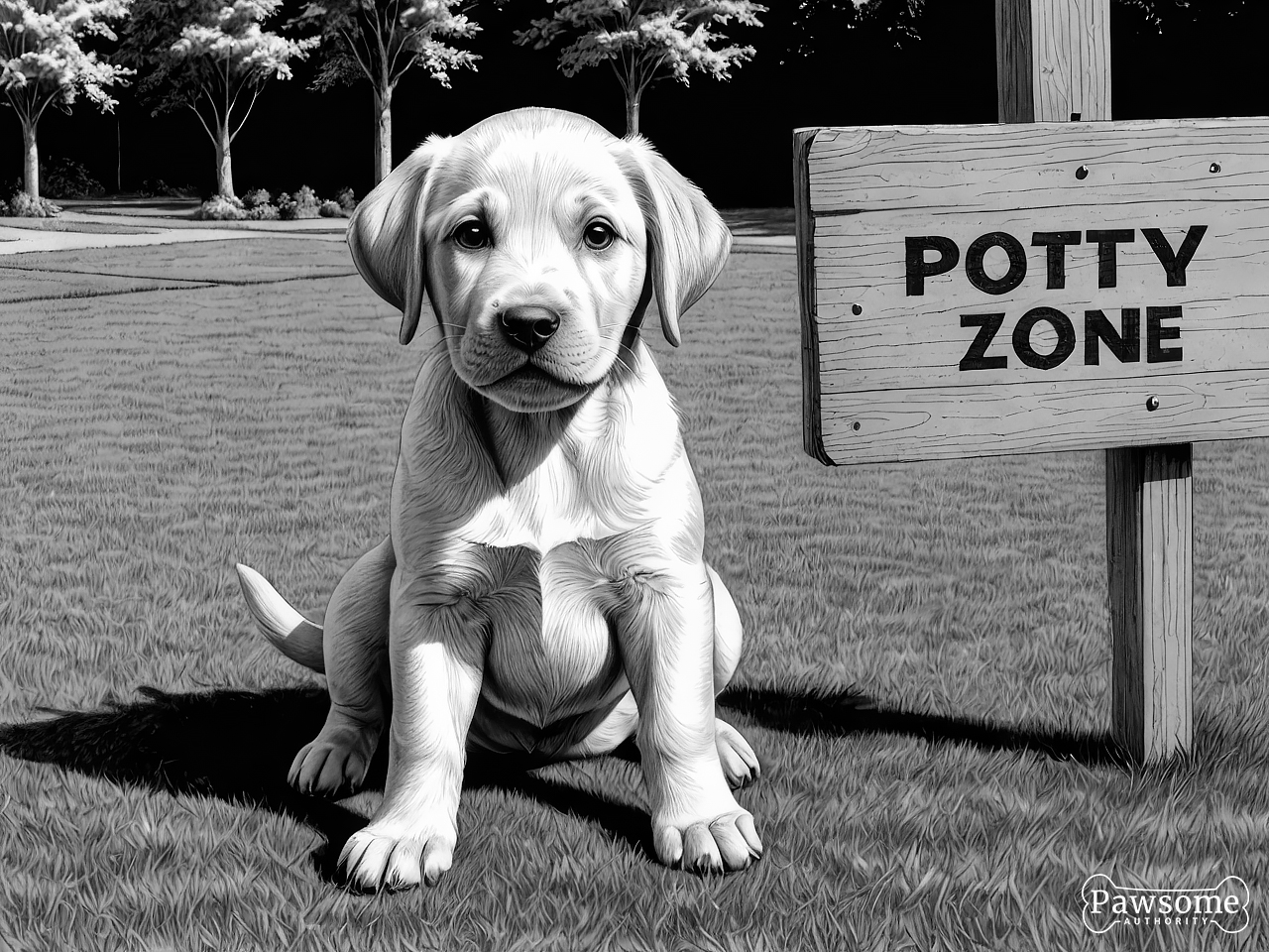 A grayscale illustration of a Labrador Retriever puppy sitting in a designated potty area in a yard with a sign that reads “Potty Zone”.