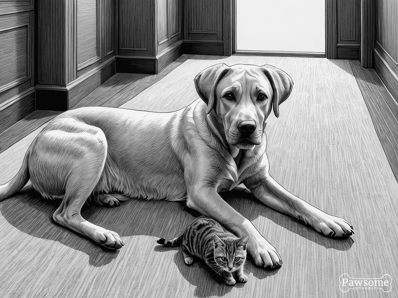 A grayscale illustration of a Labrador Retriever socializing with a cat on a rug in a living room.