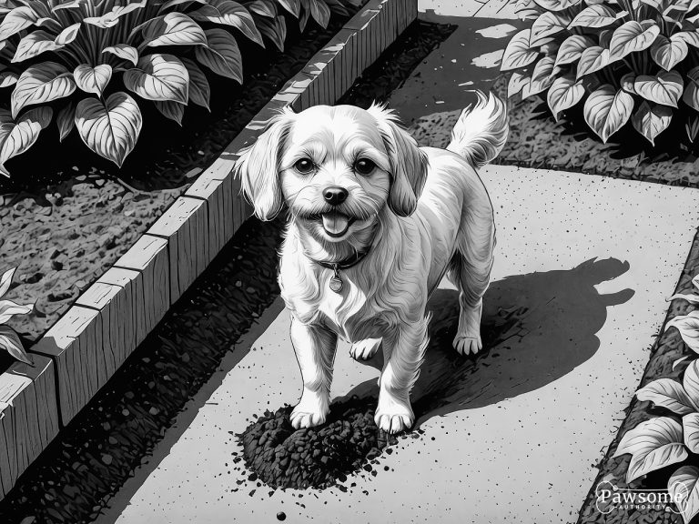 A grayscale illustration of a Maltese digging a hole in a garden on a bright and sunny day.