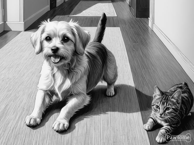 A grayscale illustration of a Maltese socializing with a cat on a rug in a living room.