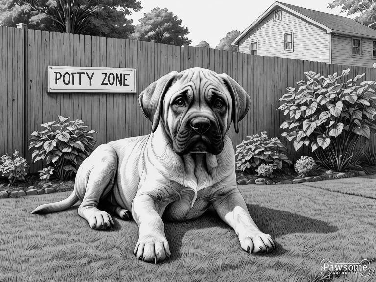A grayscale illustration of a Mastiff puppy sitting in a designated potty area in a yard with a sign that reads “Potty Zone”.