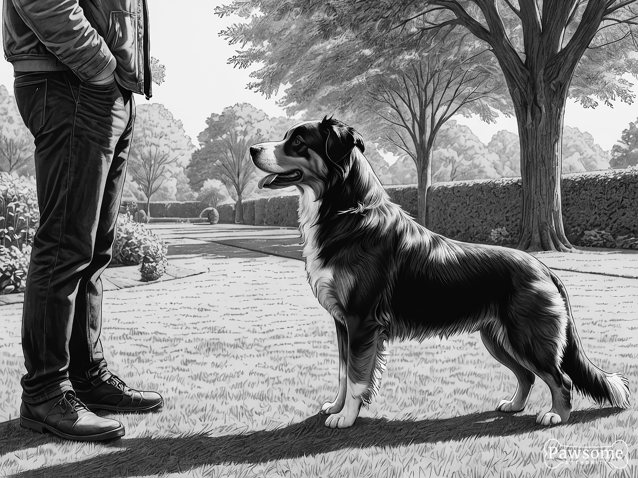 A grayscale illustration of a Miniature American Shepherd beside its owner during an obedience training session in a yard on a sunny day.