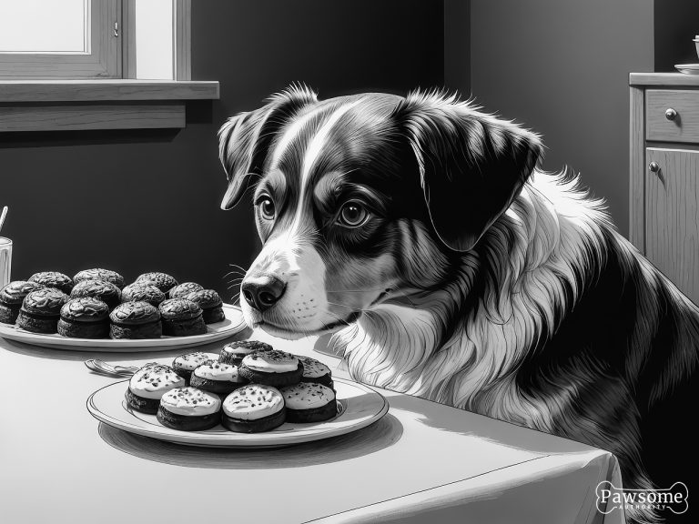 A grayscale illustration of a Miniature American Shepherd demonstrating focus and impulse control in the presence of delectable sweets.