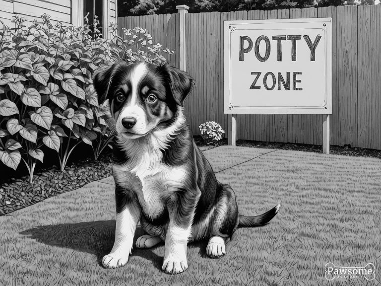 A grayscale illustration of a Miniature American Shepherd puppy sitting in a designated potty area in a yard with a sign that reads “Potty Zone”.