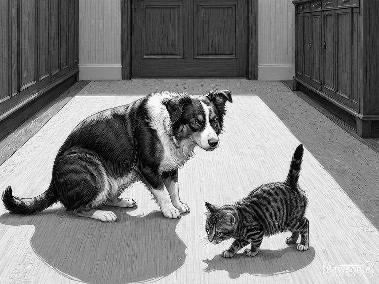 A grayscale illustration of a Miniature American Shepherd socializing with a cat on a rug in a living room.