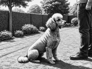 A grayscale illustration of a Miniature Poodle beside its owner during an obedience training session in a yard on a sunny day.