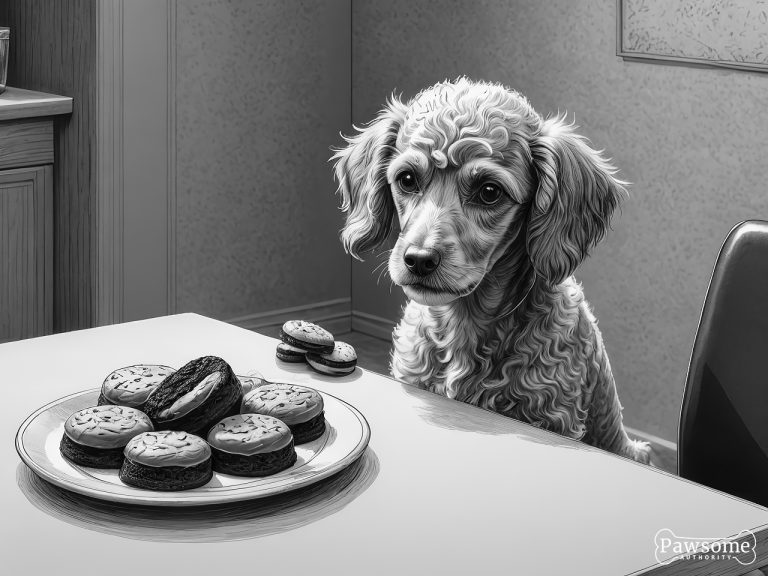 A grayscale illustration of a Miniature Poodle demonstrating focus and impulse control in the presence of delectable sweets.