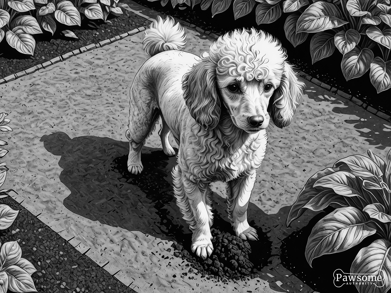 A grayscale illustration of a Miniature Poodle digging a hole in a garden on a bright and sunny day.