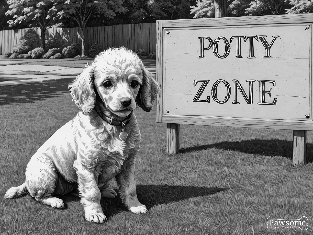 A grayscale illustration of a Miniature Poodle puppy sitting in a designated potty area in a yard with a sign that reads “Potty Zone”.