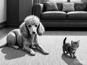 A grayscale illustration of a Miniature Poodle socializing with a cat on a rug in a living room.