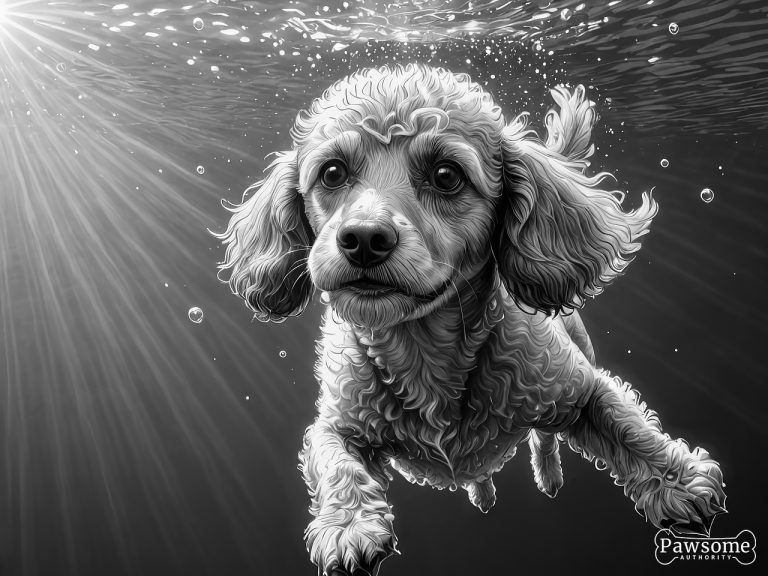 A grayscale illustration of a Miniature Poodle swimming underwater on a bright and sunny day with light rays piercing through.