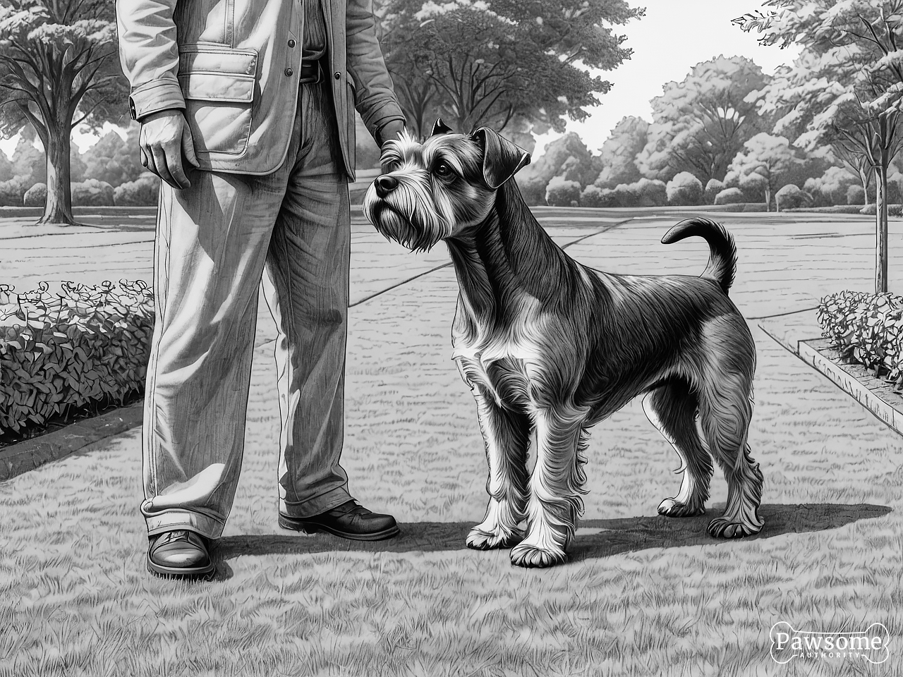 A grayscale illustration of a Miniature Schnauzer beside its owner during an obedience training session in a yard on a sunny day.