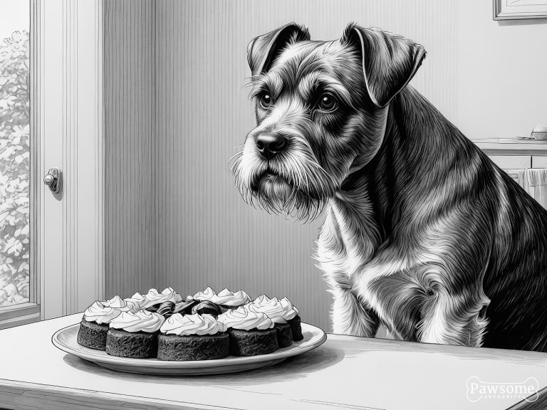 A grayscale illustration of a Miniature Schnauzer demonstrating focus and impulse control in the presence of delectable sweets.