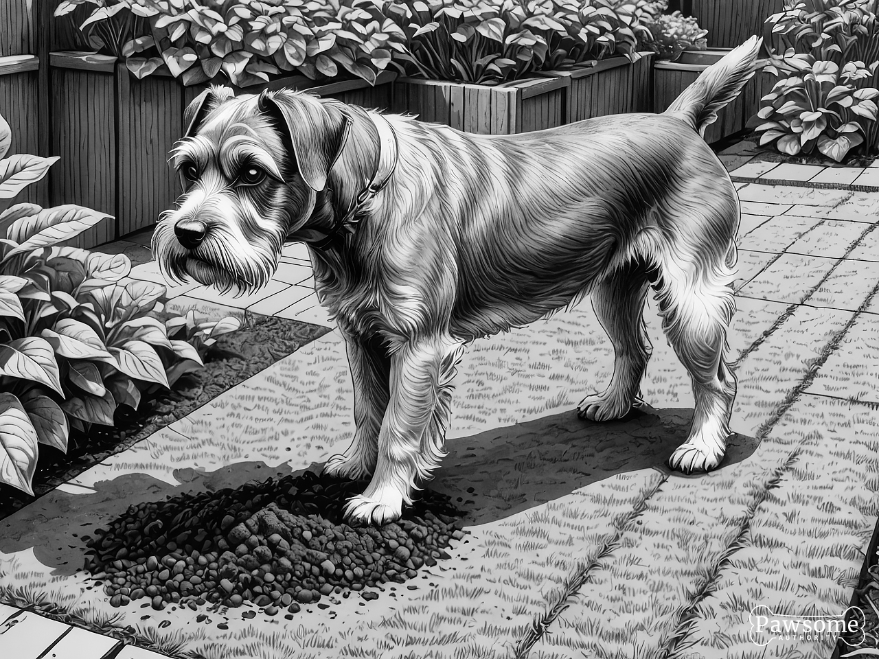 A grayscale illustration of a Miniature Schnauzer digging a hole in a garden on a bright and sunny day.