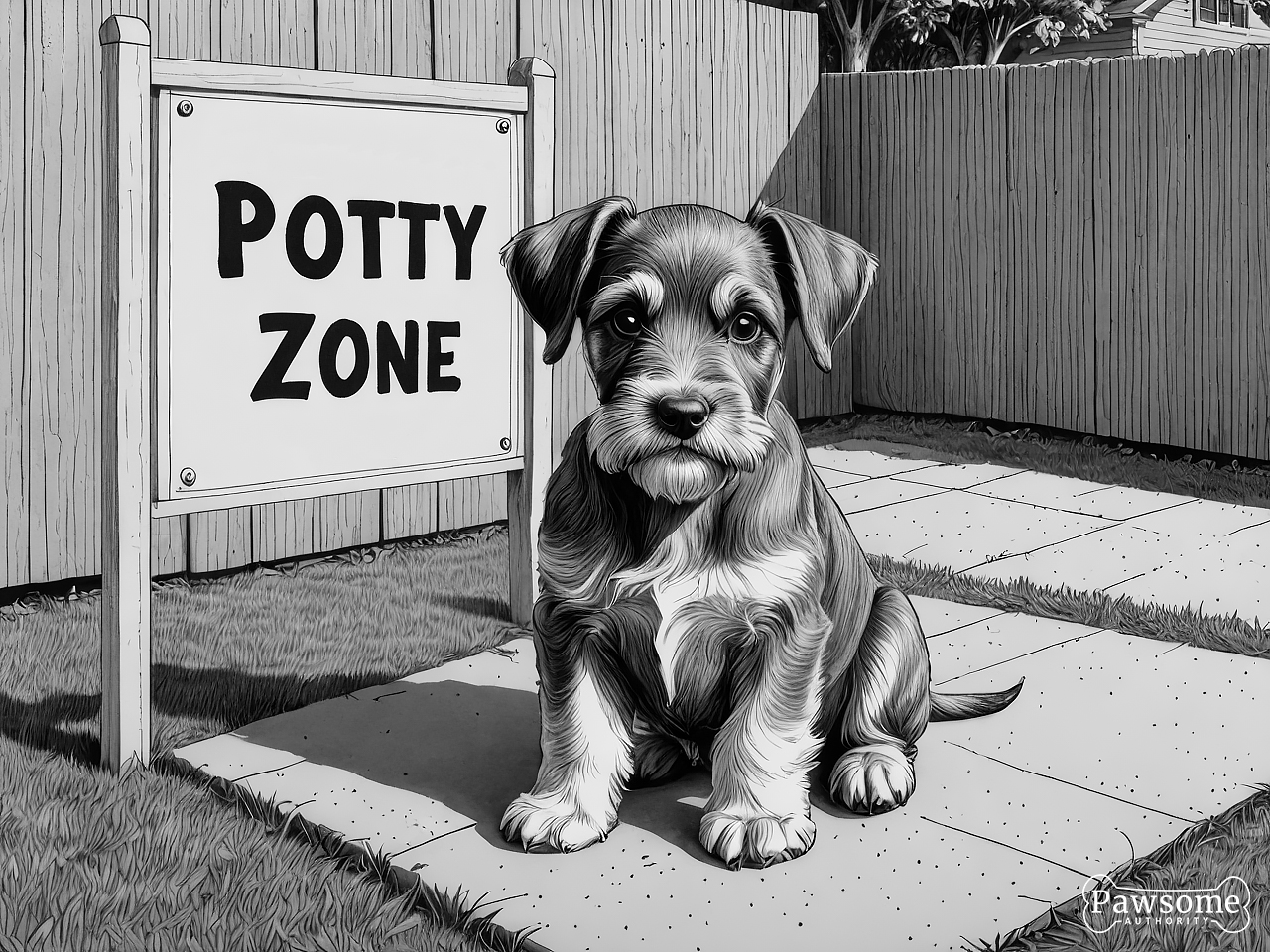 A grayscale illustration of a Miniature Schnauzer puppy sitting in a designated potty area in a yard with a sign that reads “Potty Zone”.