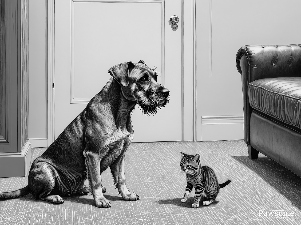 A grayscale illustration of a Miniature Schnauzer socializing with a cat on a rug in a living room.