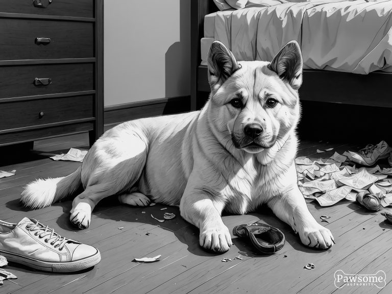 A grayscale illustration of a mischievous Akita puppy chewing shoes and various household items in a bedroom.