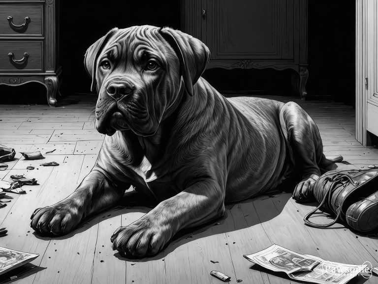 A grayscale illustration of a mischievous Cane Corso puppy chewing shoes and various household items in a bedroom.