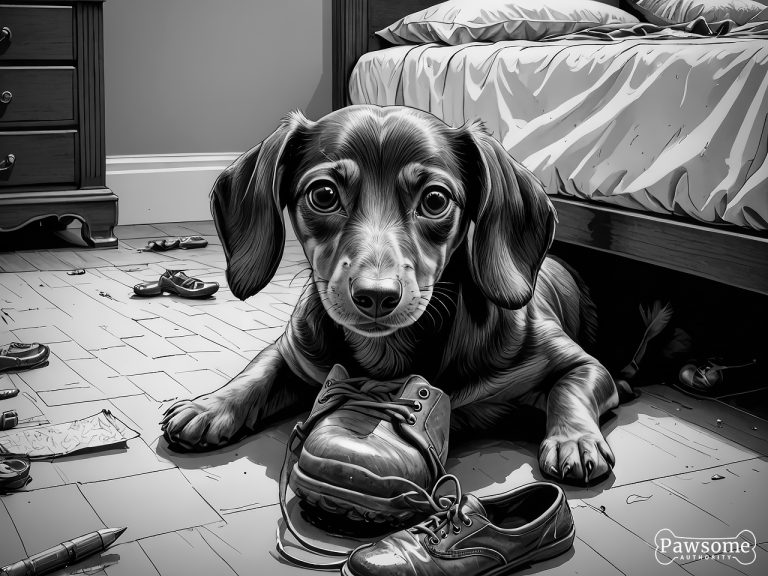 A grayscale illustration of a mischievous Dachshund puppy chewing shoes and various household items in a bedroom.
