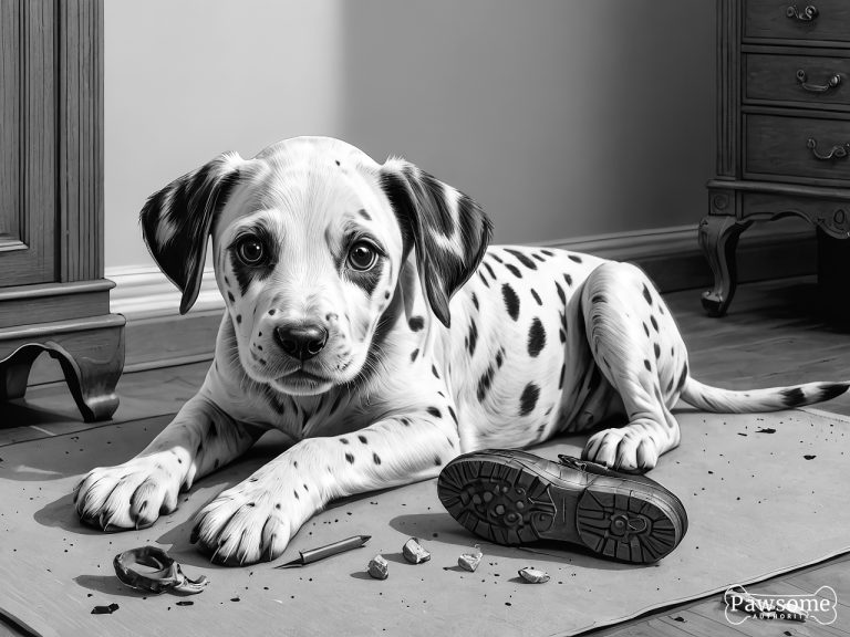 A grayscale illustration of a mischievous Dalmatian puppy chewing shoes and various household items in a bedroom.