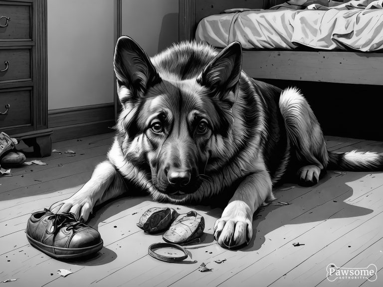 A grayscale illustration of a mischievous German Shepherd puppy chewing shoes and various household items in a bedroom.