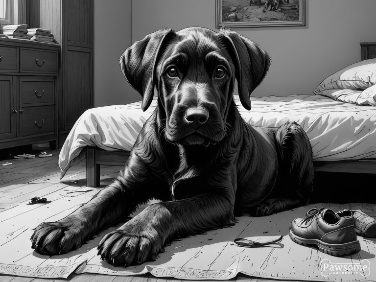 A grayscale illustration of a mischievous Giant Schnauzer puppy chewing shoes and various household items in a bedroom.