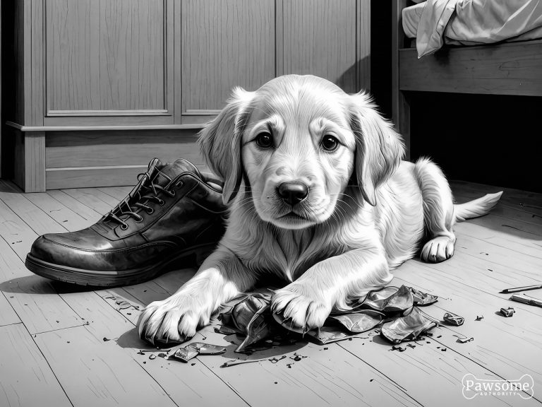A grayscale illustration of a mischievous Golden Retriever puppy chewing shoes and various household items in a bedroom.