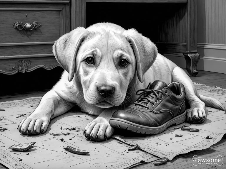 A grayscale illustration of a mischievous Labrador Retriever puppy chewing shoes and various household items in a bedroom.